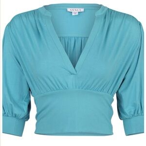 V-Neck Puff Sleeve Crop Top.  NEW. Venus Brand. Size Small. Color Baby Blue.